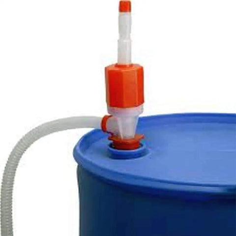 Hassle Free Plastic Drum Siphon Pump Works Like A Charm With Five Gallons Per Minute Flow Rate in use on blue drum with suction hose.