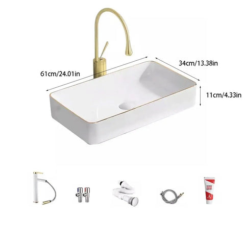 USZWBY Vessel Sinks Phnom Penh Small Size Above Counter Basin Round Square Wash Household Single Ceramic Bathroom Bowl Sink with gold trim.