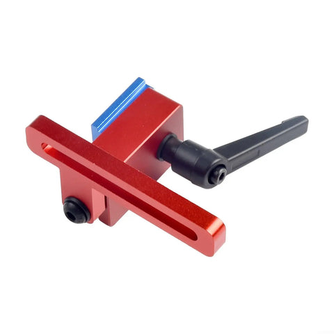 Premium Woodworking T-Slot Stop Limiter With High Accuracy Aluminum Alloy Construction To Nail Exact Chute Lengths And Crush Repeatable Cuts On Standard 30mm Tracks Every Single Time, red and blue design.