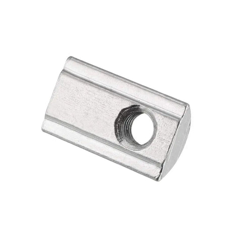 Roll In Spring M6 T Nut For 4040 Aluminum Extrusion, side view showing nickel plated carbon steel construction, threaded hole visible