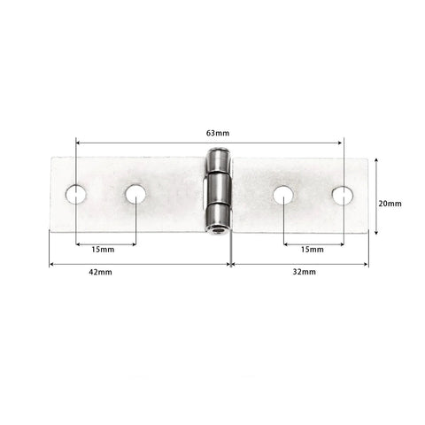 Hidden Cabinet Door Hinge Set, 2 Pcs Vertical Hinges With 8 Silver Screws, 74x20mm Right Angle 4 Hole Iron Alloy Hardware. Front view.
