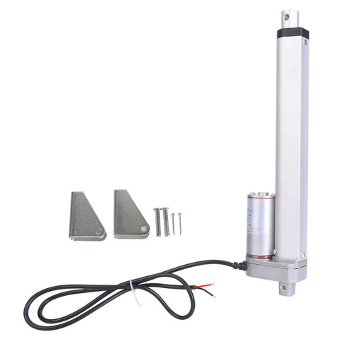 Top Shelf Electric Linear Actuator 300N High Speed 12Vdc with aluminum body, mounting brackets, and screws for automation.