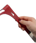 Hand holding 3 In 1 Stainless Steel Bee Hive Tool With J Hook And Box Scraper Knife for lifting frames beekeeping gear, red finish.