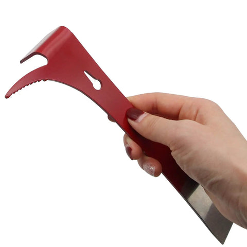 Hand holding 3 In 1 Stainless Steel Bee Hive Tool With J Hook And Box Scraper Knife for lifting frames beekeeping gear, red finish.