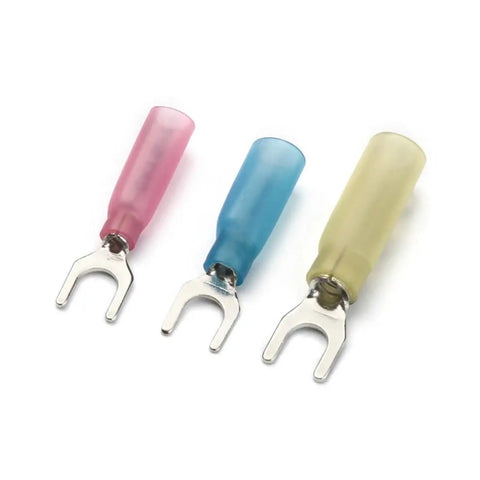 Top Notch 240 Piece Heat Shrink Butt Connector Kit For Crimping Wire Splices And Terminals Including Fork Spade And Ring Assortment Set In AWG 22 To 10 Range Perfect For Any Electrical Project You Might Have On Hand., three insulated fork spade terminals
