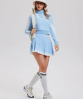 Woman wearing Women 2 Piece Golf And Tennis Skirt Set Half Zip Long Sleeve Pullover Top With Pleated Tennis Skirt With Shorts And Pockets