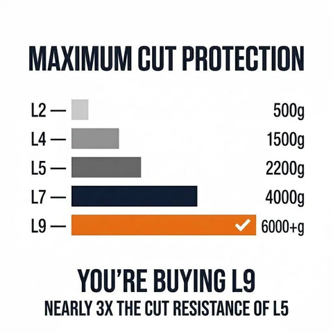 Bar chart showing cut resistance levels with Level 9 Cut Resistant Kitchen Gloves With HPPE Food Grade Materials highlighted.