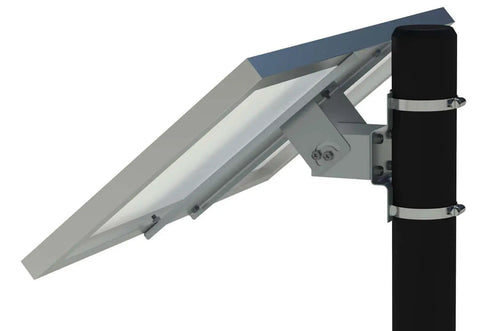 Side view of a mounted 30 Watt Monocrystalline Solar Panel Kit for Automatic Gate Openers AX30 Compatible on a round post, silver frame.