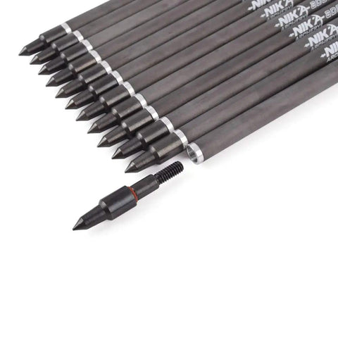 12 pack of 7.5 Inch Carbon Crossbow Bolts with 2 Inch Red Vanes and 100 Grain Broadhead Tips, ideal for 50lb crossbows.