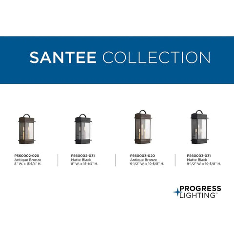 Santee collection featuring two light outdoor wall lanterns in black finish, varying heights, showcasing different styles.