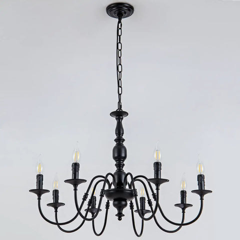Metal 8 Light Candle Style French Country Chandelier Black Farmhouse Pendant Lighting For Kitchen Island, Dining Room, Bedroom, And Living Room, 30 Inch Diameter, Modern Rustic Vibe