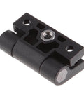 Adjustable Position Control Torque Hinge Two Pack For 43mm By 36mm Plastic Hinge With Four Pre Drilled Countersunk Holes Black E6 10 301 20 Series Door And Cabinet Hinges, close-up view of black plastic hinge with pre-drilled holes and cylindrical ends.