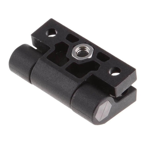 Adjustable Position Control Torque Hinge Two Pack For 43mm By 36mm Plastic Hinge With Four Pre Drilled Countersunk Holes Black E6 10 301 20 Series Door And Cabinet Hinges, close-up view of black plastic hinge with pre-drilled holes and cylindrical ends.
