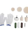 11 Piece Polishing Buffing Wheel Kit With Cotton Flannel Pads And Wax Rod Mount For Cordless Drills showing buffing pads and gloves.