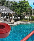 Front view of Eastrans pool backwash hose, 2 in x 50 ft, red heavy-duty coil beside pool and pump