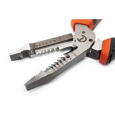 Heavy Duty 8 Inch Wire Stripper Tool With Integrated Shear Cut Cutter And Drop Forged Steel Blades And TPR Grips close-up view