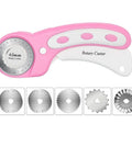 45mm Rotary Cutter With 5 Extra Blades, Ergonomic Grip, Safety Lock, The Real Deal For Fabric Leather Crafting Sewing And Quilting, Cuts Through Multiple Layers Like Butter, Left Or Right Hand, Pink, shown with blades