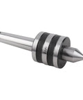 Side view of MT3 lathe center with knurled rings and conical tip