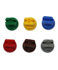 Six colorful nozzles from All In One Garden Sprinkler Kit With 30 Pcs Knapsack Sprayer Nozzles Wide Angle Fan Shaped Atomization