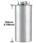 75-5 Uf Dual Run Start Capacitor 370-440 VAC CBB65B showing 130mm height with metal casing