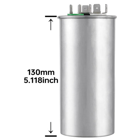 75-5 Uf Dual Run Start Capacitor 370-440 VAC CBB65B showing 130mm height with metal casing