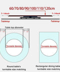 Diagram showing size matching for dining tables with Extra Large 110cm Clear Glass Lazy Susan Turntable For Dining Table And Kitchen Counter Rotating Serving Tray.