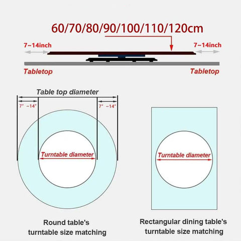 Diagram showing size matching for dining tables with Extra Large 110cm Clear Glass Lazy Susan Turntable For Dining Table And Kitchen Counter Rotating Serving Tray.