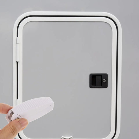 Upgraded Stainless Steel Rv Baggage Door Catch For Trailers And Motor Homes With Quick Install Abs Retainer Clip To Secure Cargo Access On Your Camper Or Travel Rig, shown with white ABS clip and door.