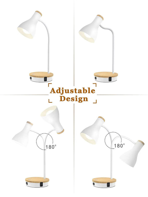 Adjustable Metal Desk Lamp With Fast Wireless Charging Pad And USB Ports, Arc Table Light, 3 Way Dimmable Bedside Lamp, White Finish
