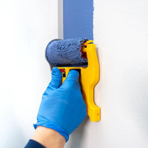 Paint Edger 11 Piece Jumbo Kit for quick clean edging around doors, windows, ceilings, and trim in action with blue roller.
