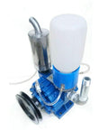 Portable Cow And Goat Milking Machine With Vacuum Pump, 250 L/Min Milker Bucket, shown from above, featuring blue and aluminum parts.