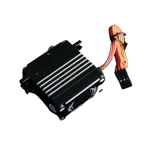 Heavy Duty RC Digital Servo Featuring A Coreless Motor With Full Metal Gears showing a rugged black design and connector cable.
