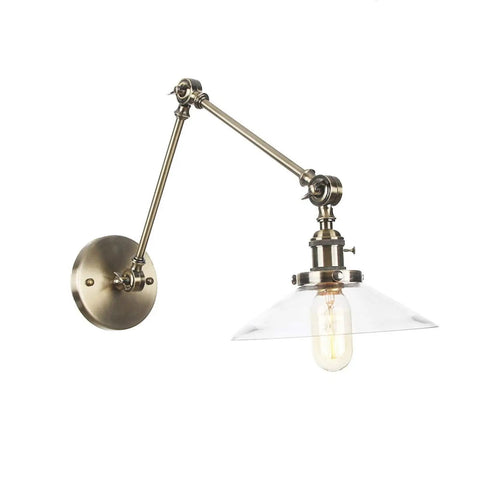 Wall Sconce Lights Indoor Bedroom Hallway Swing Arm Lamps with Switch,Adjustable Metal,Clear Glass Shade,Hardwired Industrial Lamp for,and Living Room, swing arm design with clear glass shade.
