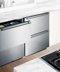 Top Shelf 24 Inch Two Drawer Freezer Stainless Steel Body Commercial NSF Certified Built In Or Freestanding Install with open drawer.