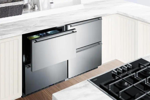 Top Shelf 24 Inch Two Drawer Freezer Stainless Steel Body Commercial NSF Certified Built In Or Freestanding Install with open drawer.