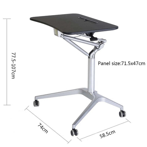 Rolling Height Adjustable Standing Desk With Fast Pneumatic Gas Lift, Zero Grind Sit To Stand Laptop Console, Flexible Mobile Workspace Cart in black and silver.