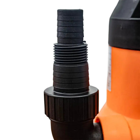 Close-up of heavy duty 0.5HP submersible utility water pump connector for handling clean and dirty fluids smoothly.