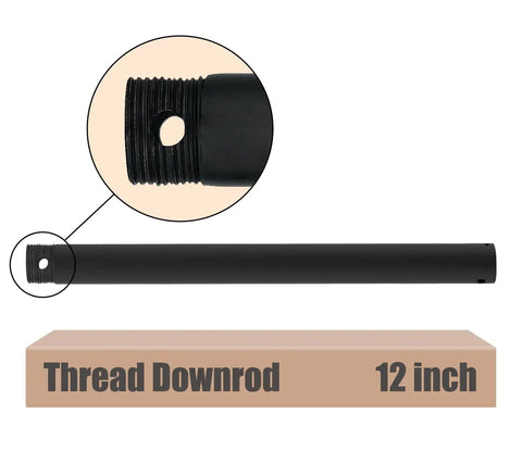 Built Tough 12 Inch Threaded Ceiling Fan Downrod In Matte Black One Inch Outer Diameter showing threaded end detail for easy installation.