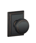 Andover Door Knob Set With Addison Trim Hall And Closet Passage Lock in aged bronze, sleek round design with square backplate.
