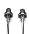 Close-up of MTB Quick Release Skewers Front And Rear Set Aluminum Alloy Bicycle Wheel Axles With QR Levers, black.