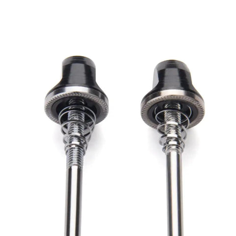 Close-up of MTB Quick Release Skewers Front And Rear Set Aluminum Alloy Bicycle Wheel Axles With QR Levers, black.