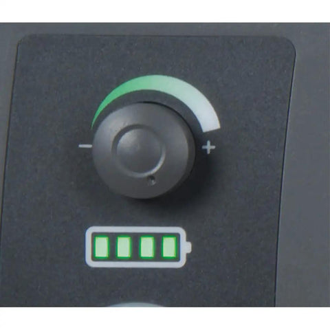Close-up of control dial and battery indicator on Outdoor Solar LED Area Light With Motion Activation And USB Charging No Wiring Needed 8800mAh Battery Delivers 15 Plus Hours Runtime 360 Degree Motion Sensor Portable Weatherproof Black And Gray