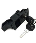 Black Retractable Spring Loaded Panel Latch Lock For Cabinets And Drawers with keys resting beside for secure installation.