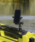 MiniPort Track Mount Base For Kayaks And Boats, Low Profile Gear Mount holding a phone on a yellow kayak, easy no tool install.
