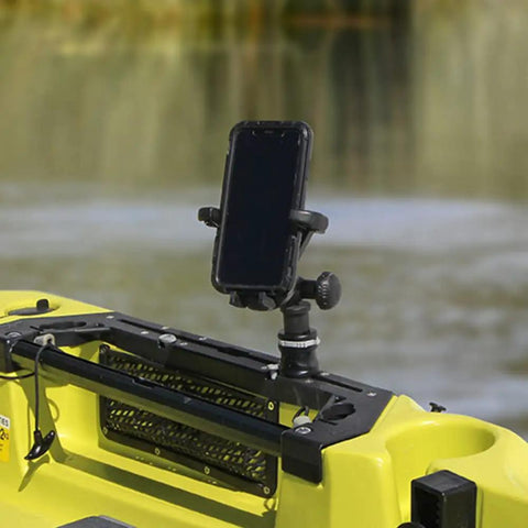 MiniPort Track Mount Base For Kayaks And Boats, Low Profile Gear Mount holding a phone on a yellow kayak, easy no tool install.
