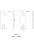 Technical drawing of magnetic cabinet catches and door stops for closets, cupboards, drawers, sliding doors, nickel finish, iron casting.
