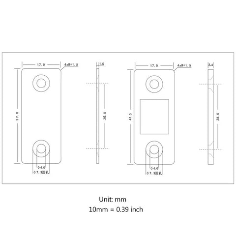 Technical drawing of magnetic cabinet catches and door stops for closets, cupboards, drawers, sliding doors, nickel finish, iron casting.