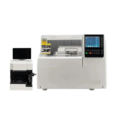 Built Tough 2d Patternless Auto Lens Edger Machine With Fully Automatic Tracing For Eyewear Labs and Optical Shops, white design, touchscreen.