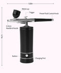 Airbrush Kit With Air Compressor For Nail Art Makeup Barber And Model Painting Wireless Air Brush System With Two Pressure Options 30Psi And 35Psi Strong Airflow Fine Mist Spray Black, with labeled parts and size dimensions