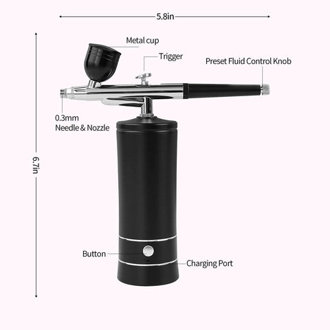 Airbrush Kit With Air Compressor For Nail Art Makeup Barber And Model Painting Wireless Air Brush System With Two Pressure Options 30Psi And 35Psi Strong Airflow Fine Mist Spray Black, with labeled parts and size dimensions